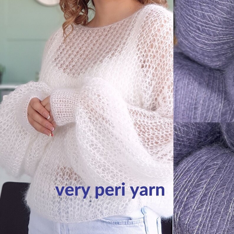 May include: A white, lightweight, open knit sweater made with very peri yarn. The yarn is also shown in a purple color.