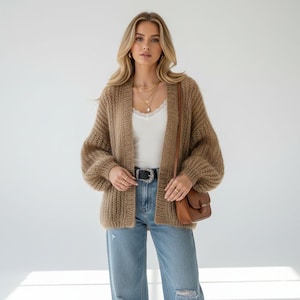 Mohair knitted cardigan, camel color, handmade, English rib, Sweater open-knit, elegant beautiful knitted cape, knitted jacket