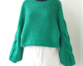 Bright Green Mohair Sweater Wide Sleeve Oversized Sweater for Women loose knit sweater, Christmas gift