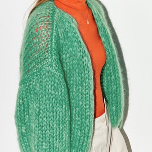 Cropped cardigan sweater women Green mohair jacket, knitted bomber jacket, Christmas gift image 3