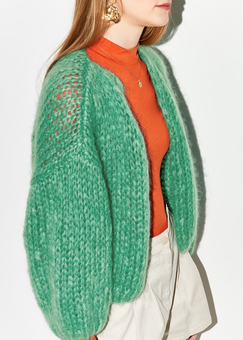 Cropped cardigan sweater women Green mohair jacket, knitted bomber jacket, Christmas gift image 3