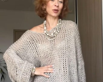 Beige oversized knit sweater, loose open weave pullover, handmade mohair blend