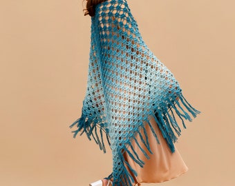 Blue hand knitted shawl, teal crochet scarf, crochet multicolor scarf, knit mohair lace stole, fringed shawl