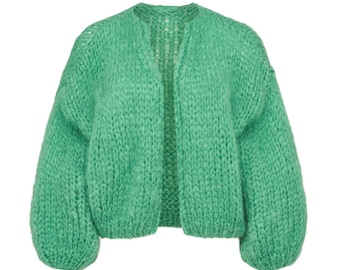 Cropped cardigan sweater women Green mohair jacket, knitted bomber jacket, Christmas gift