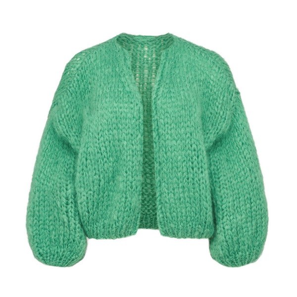Cropped cardigan sweater women Green mohair jacket, knitted bomber jacket, Christmas gift