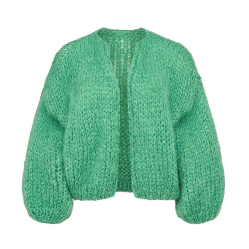Cropped cardigan sweater women Green mohair jacket, knitted bomber jacket, Christmas gift image 1