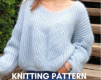 Modèles de pull à tricoter, pull en mohair, pull moelleux à col en V, pull en tricot surdimensionné à motif bleu pour The Knitter,