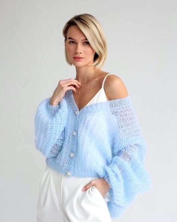 Knitting Pattern for Women's Loose Cardigan Light Blue Mohair