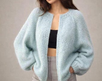 Handmade Soft Mohair Cardigan • Open Front Knit Jacket • Cozy Light Blue mint Oversized Layer for Everyday & Special Events