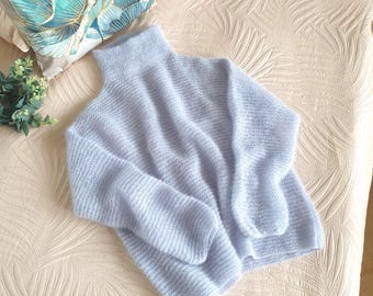 Handmade Mohair Turtleneck Sweater: Women's Oversized Beige Pullover