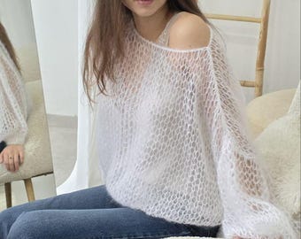 Maglione bianco in mohair, pullover in maglia spessa, top oversize in maglia soffice