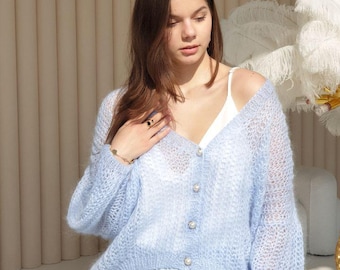 Handmade Mohair Oversize Blue Cardigan – Lightweight Cloud-like