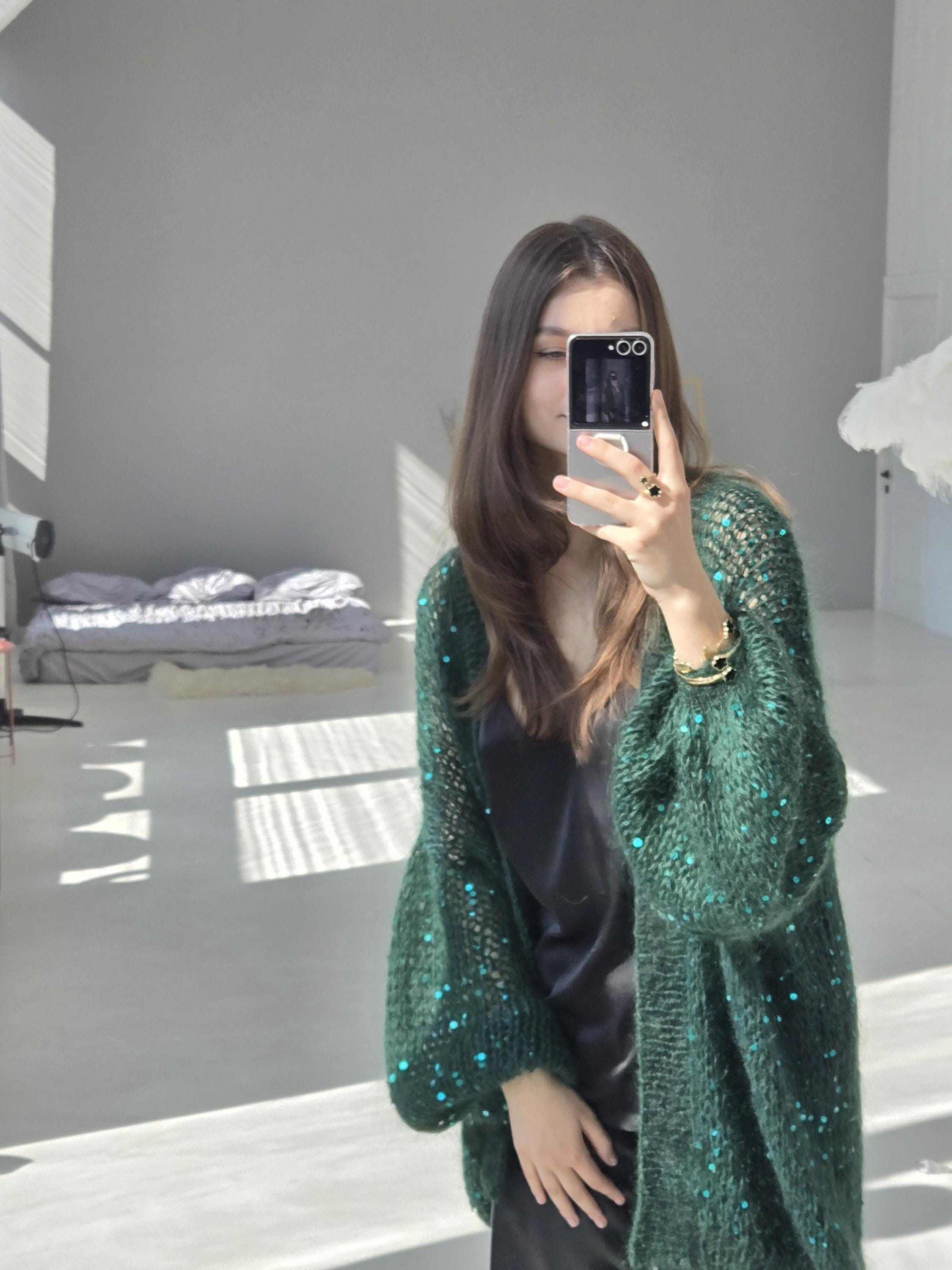 Dark Green Mohair Sequin Cardigan, Oversized Glitter Sweater