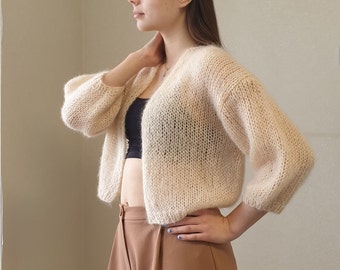 Cropped beige cardigan, short knitted jacket, short sleeve 3/4 Sleeves, Fluffy Mohair Bomber, Open Front Cardigan, Loose Knit Sweater