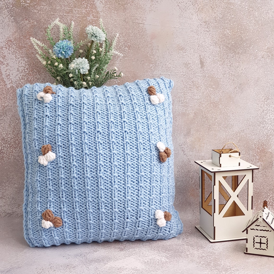 Knitting patterns pillow covers 16 x 16 blue and beige 20x20 Etsy