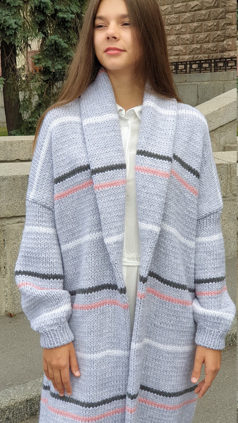 Knitted pattern long cardigan with wool collar step by step Etsy