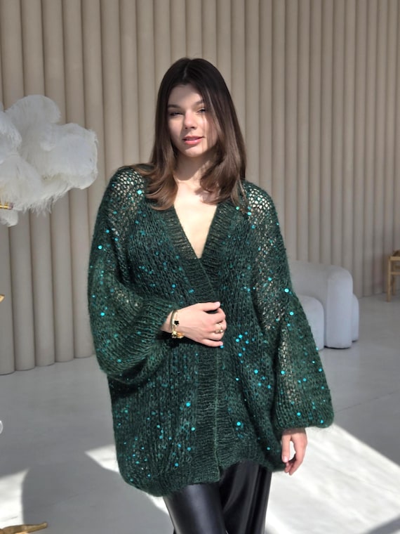 Handmade Dark Green Sequin Mohair Cardigan, Oversized Sparkly Knit