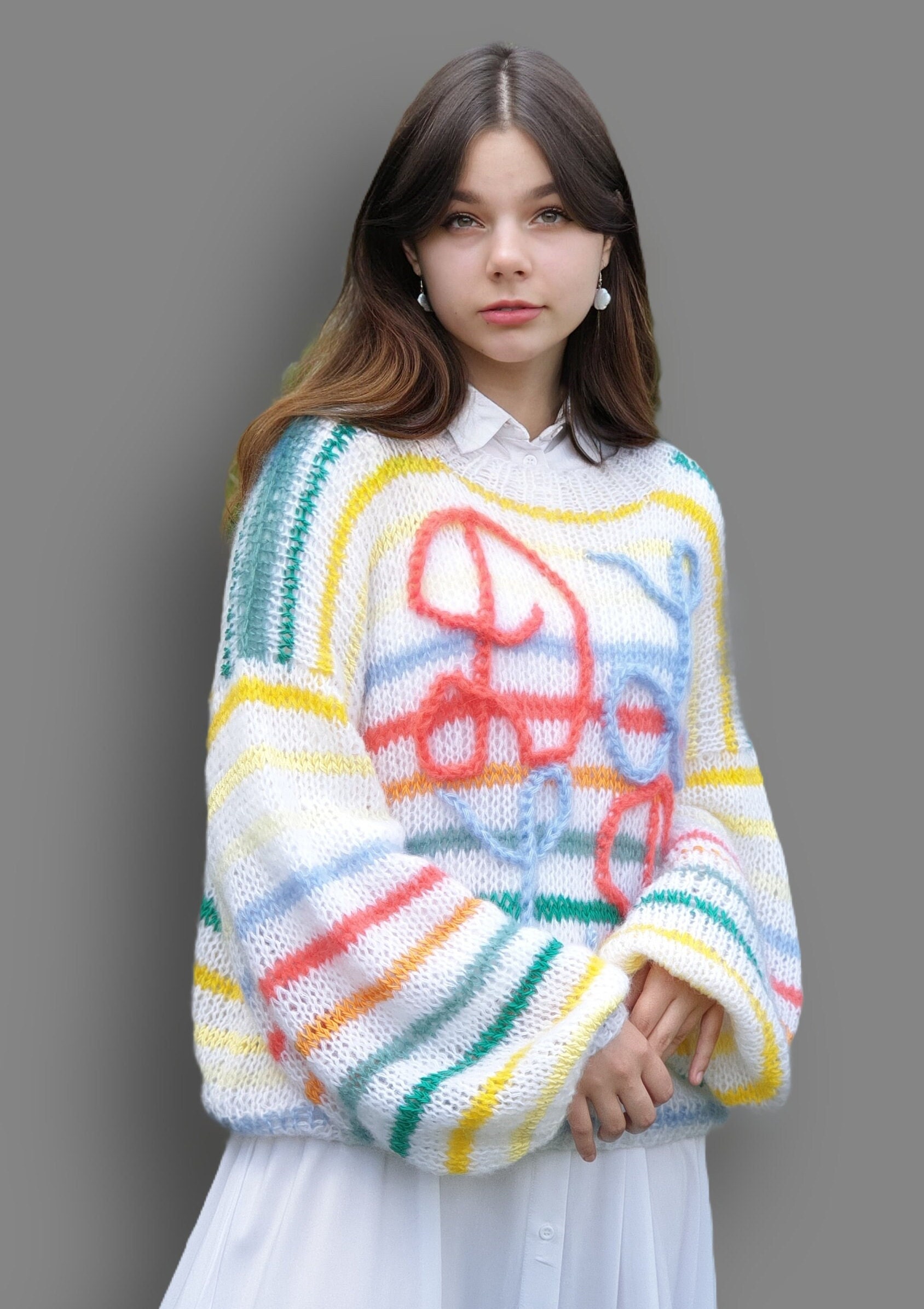 DialinyKnitwear Multicolor Knit Sweater Personalized Sweater Woman Rainbow Mohair Crew Neck Sweater Pullover Women Long Sleeve Colorful Pullover