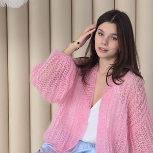 Pink Mohair Cardigan, Handmade Fluffy Oversized Sweater, Soft Knit Drop Shoulder Pullover, Romantic Cozy Knitwear, Kawaii Girl Style