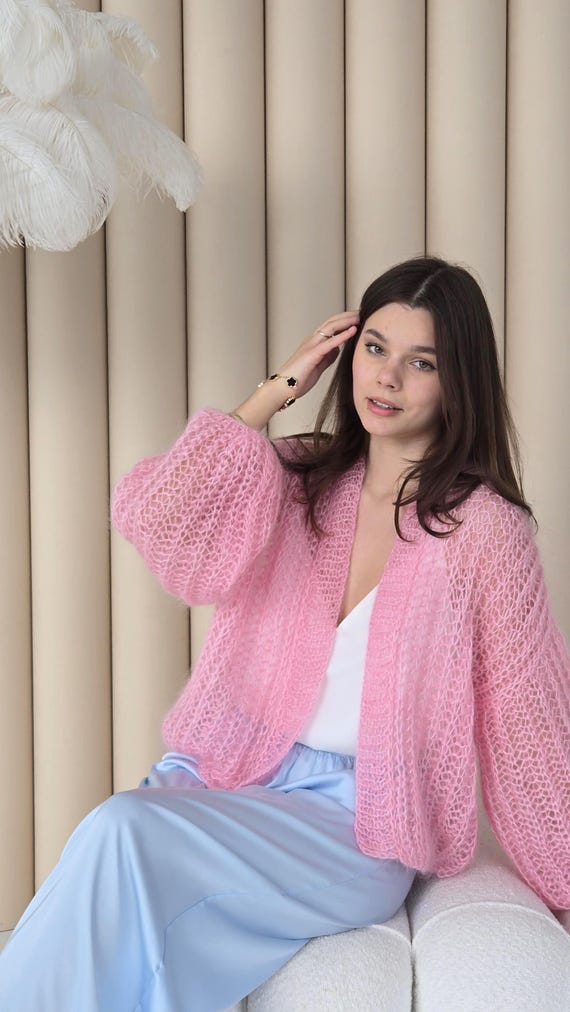 新品タグ付　かぐれ　【洗える】モヘアカーディガン　ピンク ピンク モヘアニット カーディガン 韓国 トレンドカラー n4228