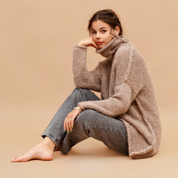 Alpaca sweater women turtleneck, Long Tunic Sweater, Women Hand Knit Dress Sweater, Home Pullover