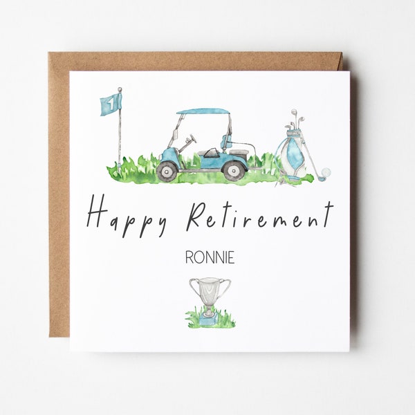 Personalised Retirement Card For Him, Wishing you a happy retirement Card, Friend retiring, good luck retirement, Golf Golfer Golf Buggy