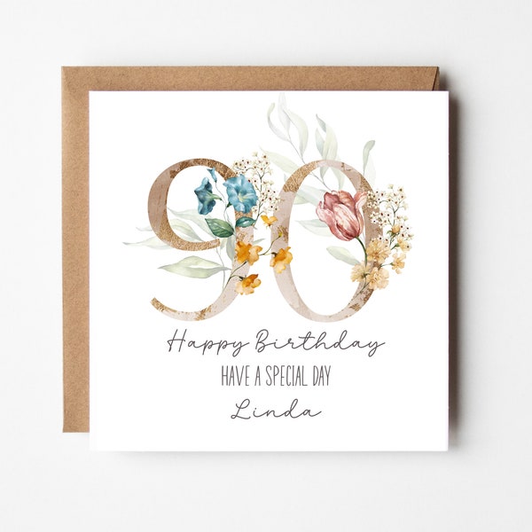 Personalised 90th Birthday Card For Her - Gold Spring Florals -Personalised with name - Mum Gran Sister Aunt Friend Neighbour Cousin
