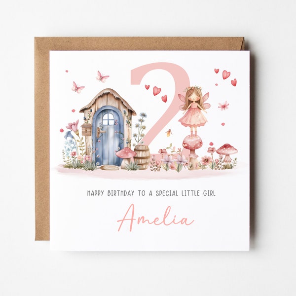 Personalised 2nd Birthday Card for Granddaughter Niece Daughter Goddaughter Little Girl - Pink Fairy - Fairy garden - Personalised with Name