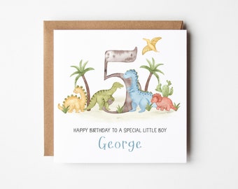 Personalised 5th Birthday Card for Grandson Son Nephew Godson Cousin Little Boy - Watercolour Dinosaurs - Personalised with Name