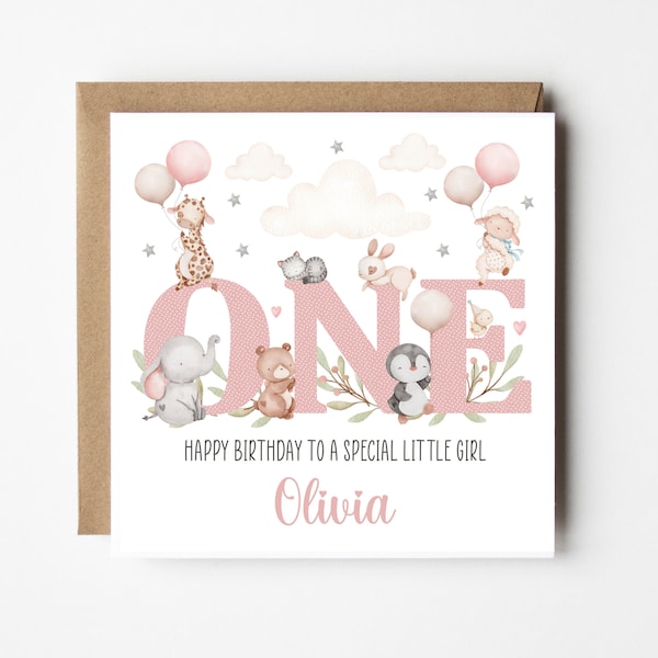 Personalised 1st Birthday Card for Granddaughter Niece Daughter Goddaughter Little Girl - Baby Animals - Personalised with Name