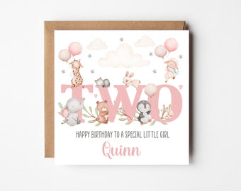 Personalised 2nd Birthday Card for Granddaughter Niece Daughter Goddaughter Little Girl - Baby Animals - Personalised with Name