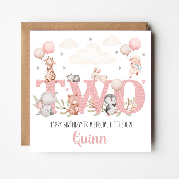 Personalised 2nd Birthday Card for Granddaughter Niece Daughter Goddaughter Little Girl - Baby Animals - Personalised with Name