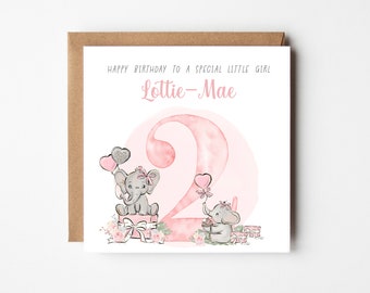 Personalised 2nd Birthday Card for Granddaughter Niece Daughter Goddaughter Little Girl - Pink Elephant - Personalised with Name