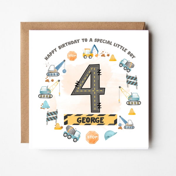 Personalised 4th Birthday Card for Grandson Son Nephew Little Boy - Construction Trucks Lorry Digger Building - Personalised with Name