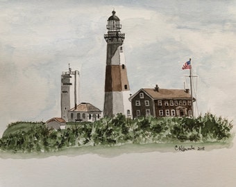 Montauk Lighthouse Watercolor Long Island Art By Cheryl Huneke Limited Edition + Open Run Museum Cold Press Rag Cotton Prints