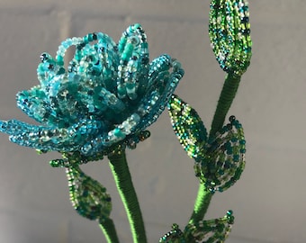 March Bloom - Aquamarine, French Beaded Flowers, Free Standing, Everlasting Bloom, Hand Crafted To Order.