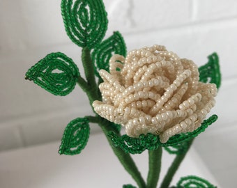 June Rose - Pearl, French Beaded Flowers, Free Standing, Everlasting Bloom, Hand Crafted To Order.