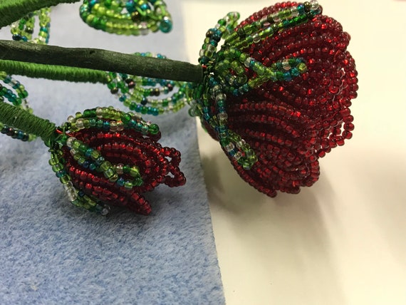 January Bloom - Garnet, French Beaded Flowers, Free Standing, Everlasting Bloom, Hand Crafted To Order.