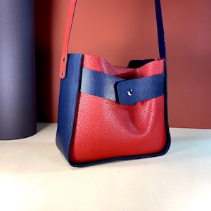 Handmade leather tote bag Crossbody doubleface leather tote Leather tote bag women Red and Blue Leather Tote Woman Summer tote bag image 1