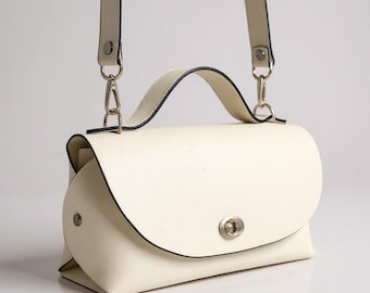 Small White Italian Leather Top Handle Handbag, Minimalist Crossbody Shoulder Purse, Wedding Guest Bag