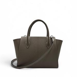 Beige Italian Leather Tote Bag, Large Python Embossed Crossbody Handbag, Everyday Structured Shoulder Purse