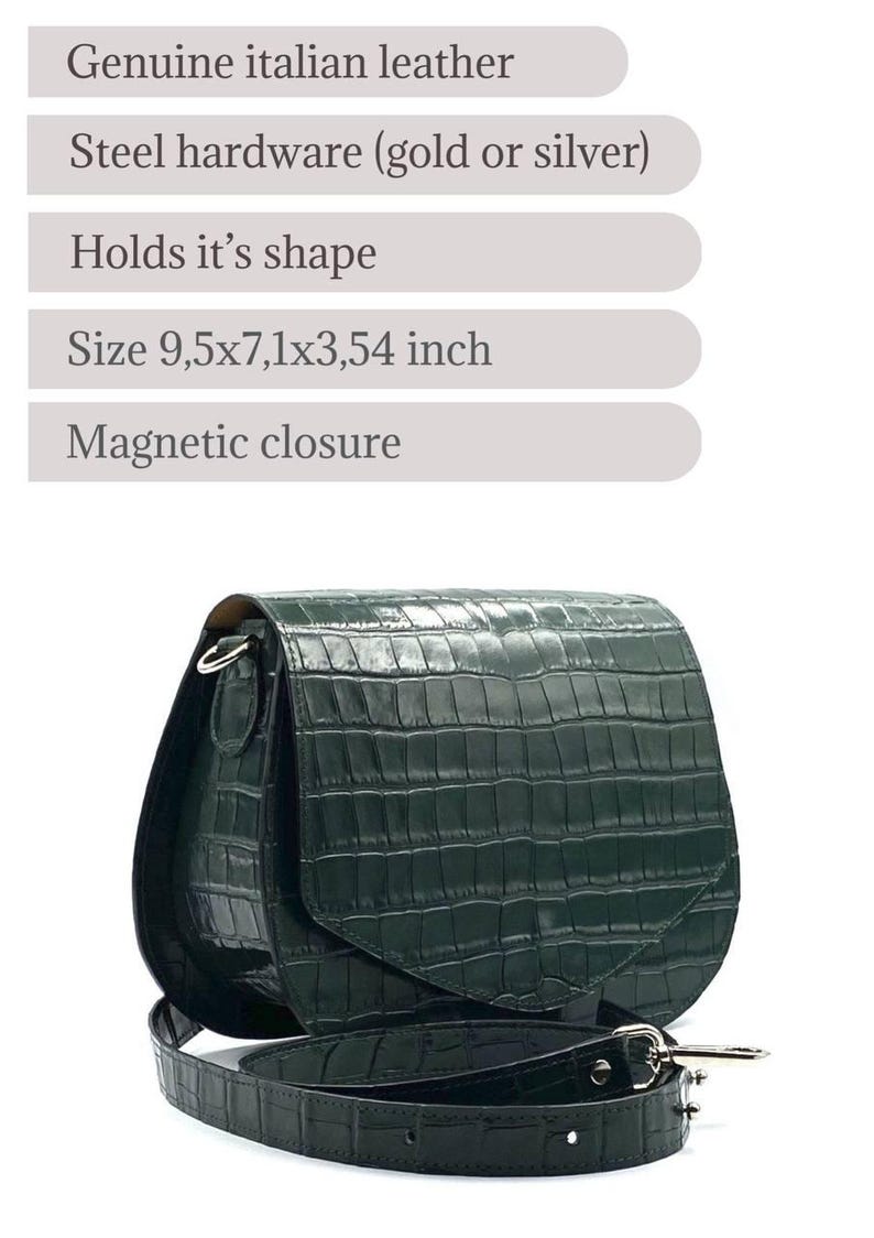 May include: Dark green leather crossbody bag with a crocodile texture. The bag has a flap closure and an adjustable strap. Dimensions are 9.5 x 7.1 x 3.54 inches. Features steel hardware and a magnetic closure.