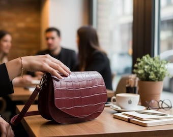 Burgundy Croc Embossed Leather Saddle Bag | Glossy Crossbody Shoulder Purse | Medium Top Handle Handbag