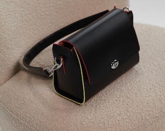Black Leather Crossbody Bag, Two Straps Medium Shoulder Purse, Contrasting Edge Handbag
