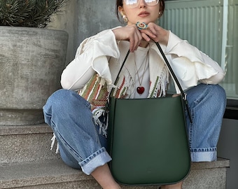 Bolso de trabajo grande de cuero verde, bolso de hombro con cremallera, alternativa al bolso de oficina, bolso de uso diario.