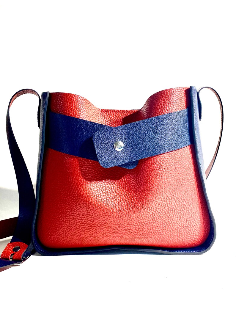 Handmade leather tote bag Crossbody doubleface leather tote Leather tote bag women Red and Blue Leather Tote Woman Summer tote bag image 4