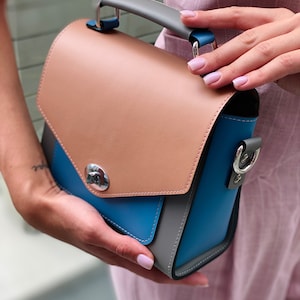 Cartera de cuero hecha a mano, Bolso bandolera pequeño, Monedero de cuero colorido, Bolso de hombro de cuero gris, Bolso de mano de cuero con asa superior para mujer