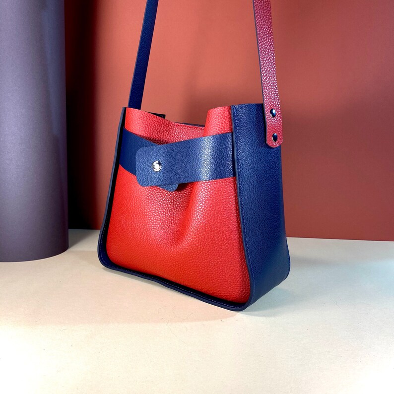 Handmade leather tote bag Crossbody doubleface leather tote Leather tote bag women Red and Blue Leather Tote Woman Summer tote bag image 2