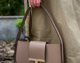 Italian Leather Baguette Bag, 90s Style Shoulder Purse, Elegant Beige Handbag