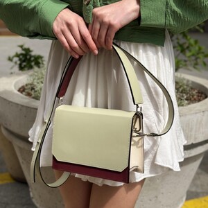 Exclusive leather bag with two straps, Light green crossbody bag, Tricolor leather purse, Green handbag woman, Premium light green handbag